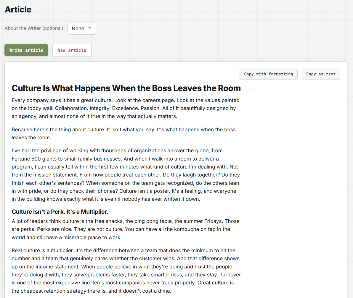 A finished Write85 article with headline and subheads