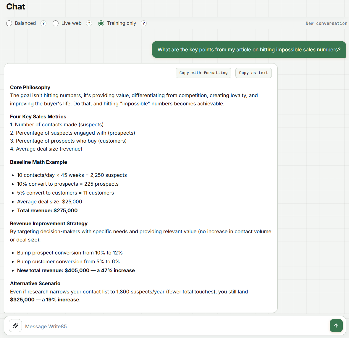 Write85 chat in Training only mode answering from company knowledge
